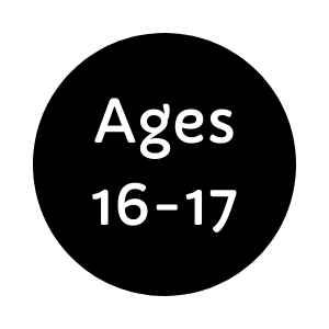Black circle with the words Ages 16-17 in white text inside