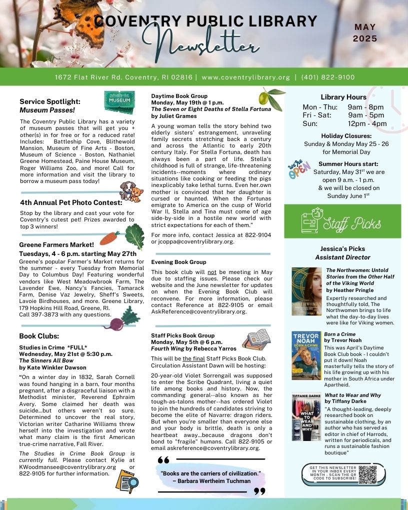 Page 1 Coventry Library Newsletter for May, 2025