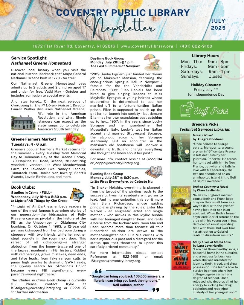 July 2025 Coventry Public Library eNewsletter - page 1