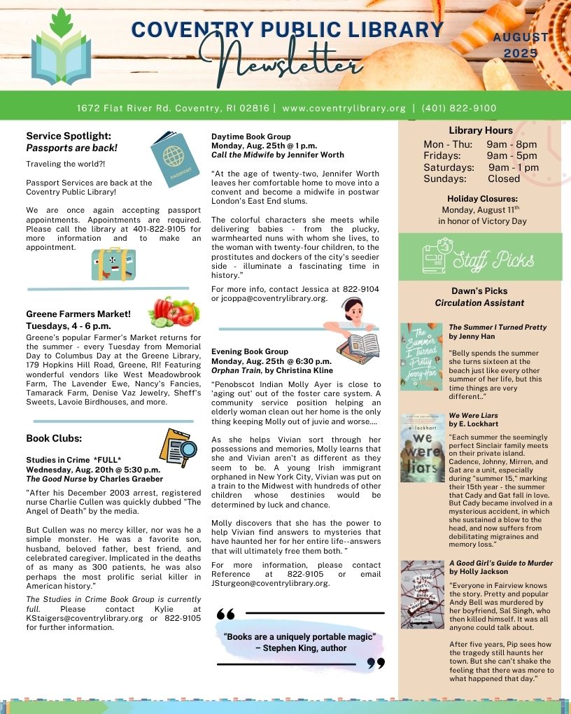 Coventry Public Library Newsletter, August 2025, page 1
