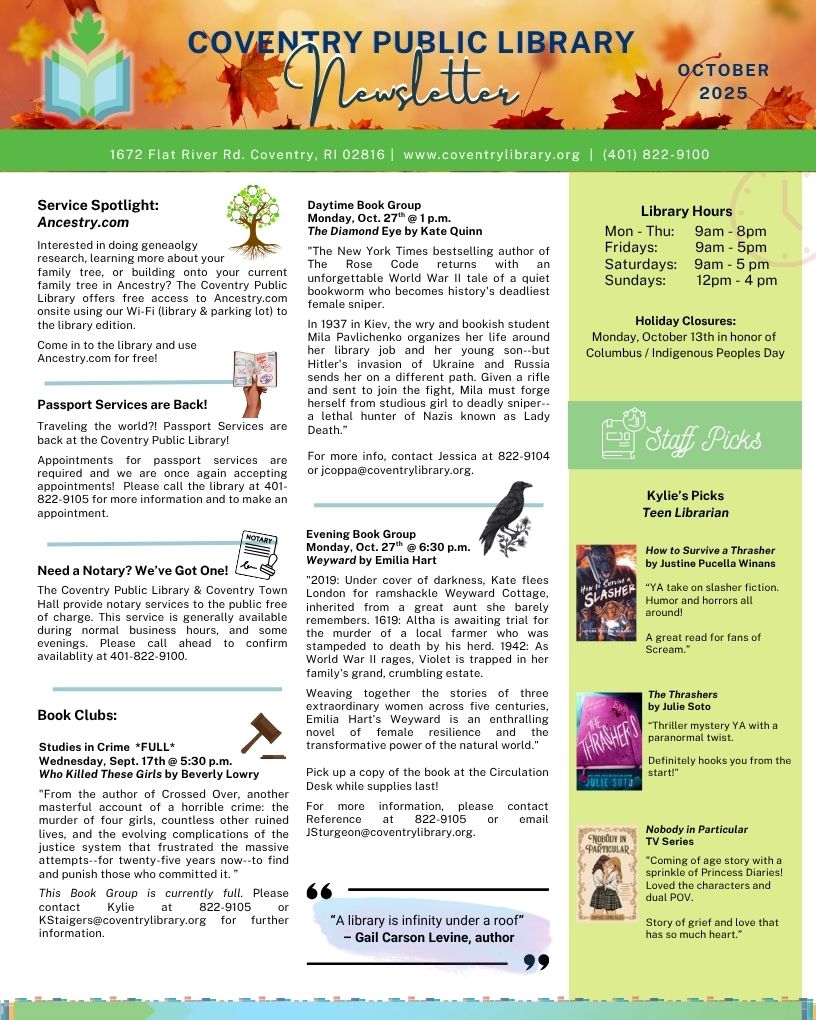October 2025 Newsletter Coventry Public Library, Page 1