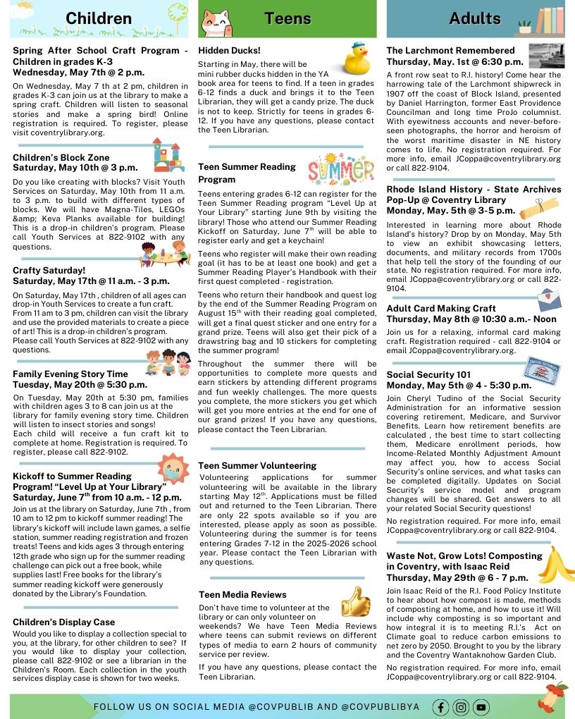 Page 2 Coventry Library Newsletter for May, 2025