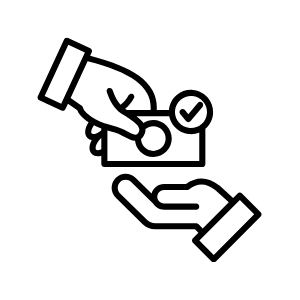 Black-and-white outline illustration of two hands exchanging money