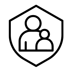 Black-and-white outline illustration of a parent and child inside an outline of a badge