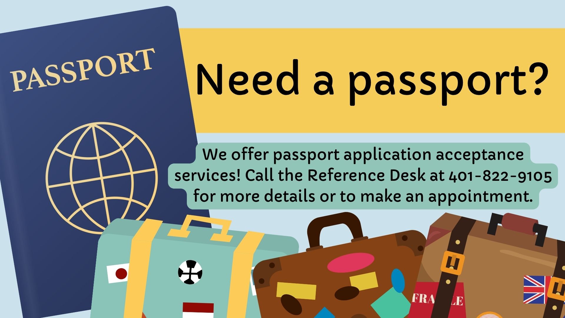 Image of blue US passport and teal suitcase on light blue background, with text advertising Coventry Public Library's passport services.