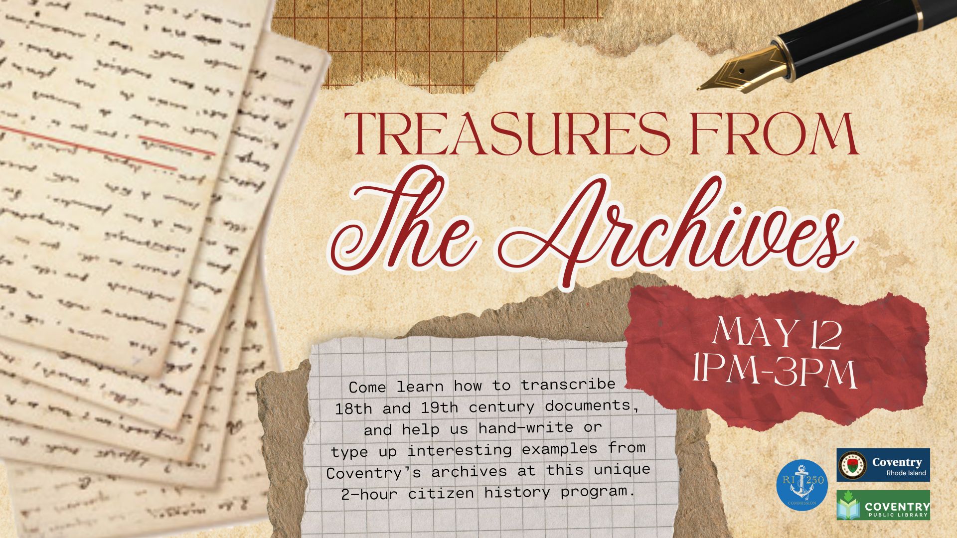 Image advertising Treasures from the Archives program, with date and time, a brief description, and logos for RI 250, the Coventry Public Library, and the Town of Coventry.