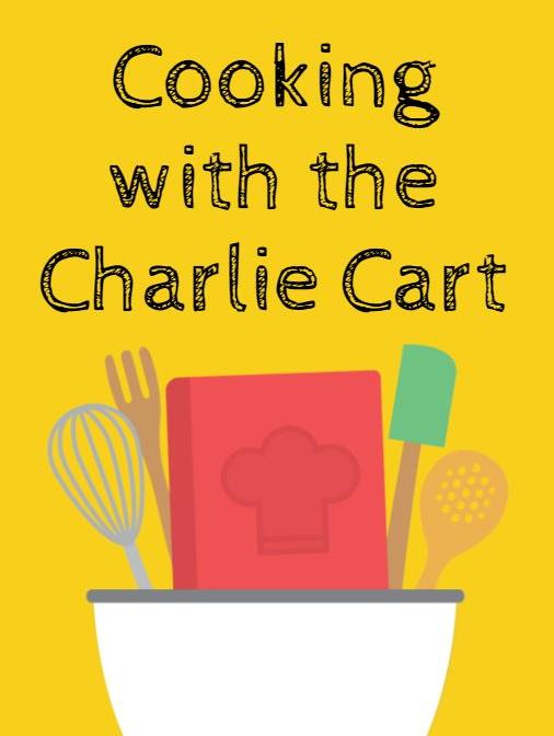 Cooking utensils and cookbook in bowl with text: Cooking with the Charlie Cart