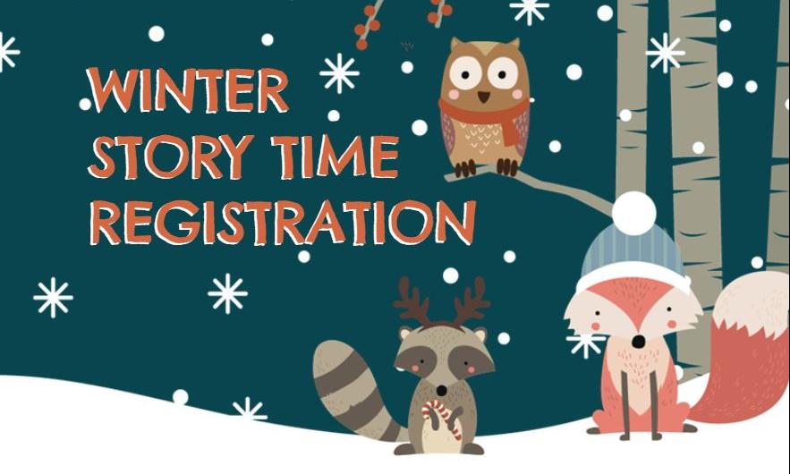Woodland creatures in snow with test: Winter Story Time Registration