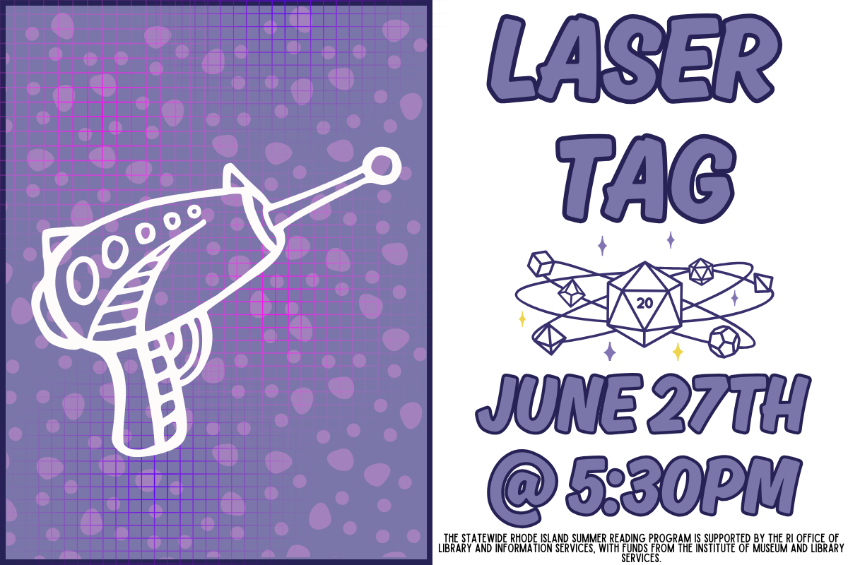 Laser Tag after hours 5:30-8:30pm june 27th half purple background with laser tag gun and wording