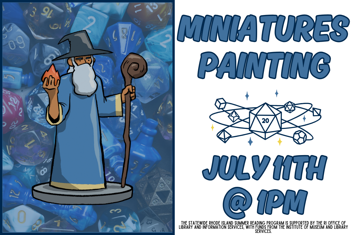 wizard figure in blue robe against backdro of rpg dice miniatures painting july 11th @ 1pm