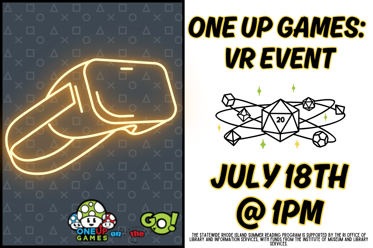 vr headset against gray background on half side one up games vr event july 18th 1pm