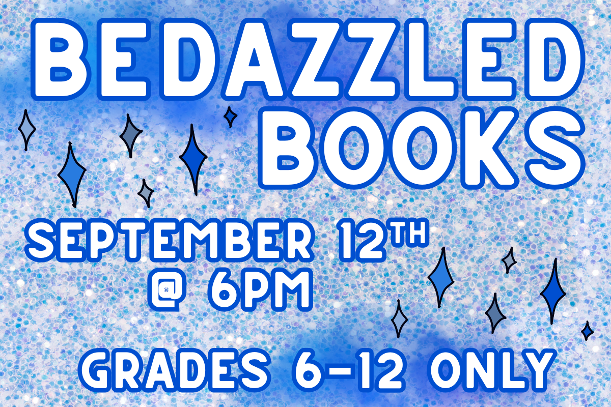 bedazzled Books september 12th 6-8pm blue sparkles background with blue gem stars and white text with blue outline