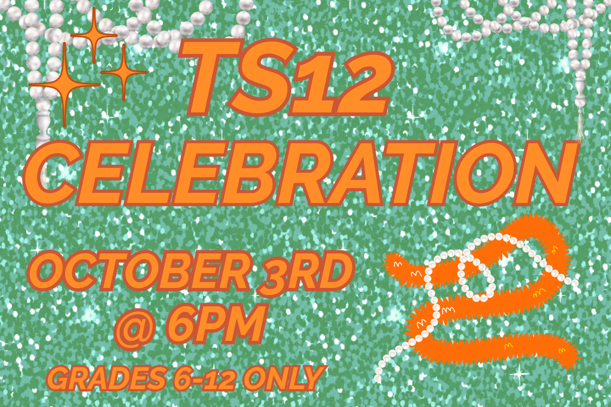 ts 12 celebration october 3rd at 6pm. green sparkle background with orange lettering pearls and orange feather boa