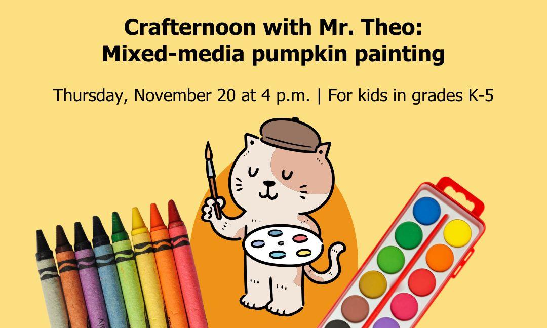 Cat with crayons and paints