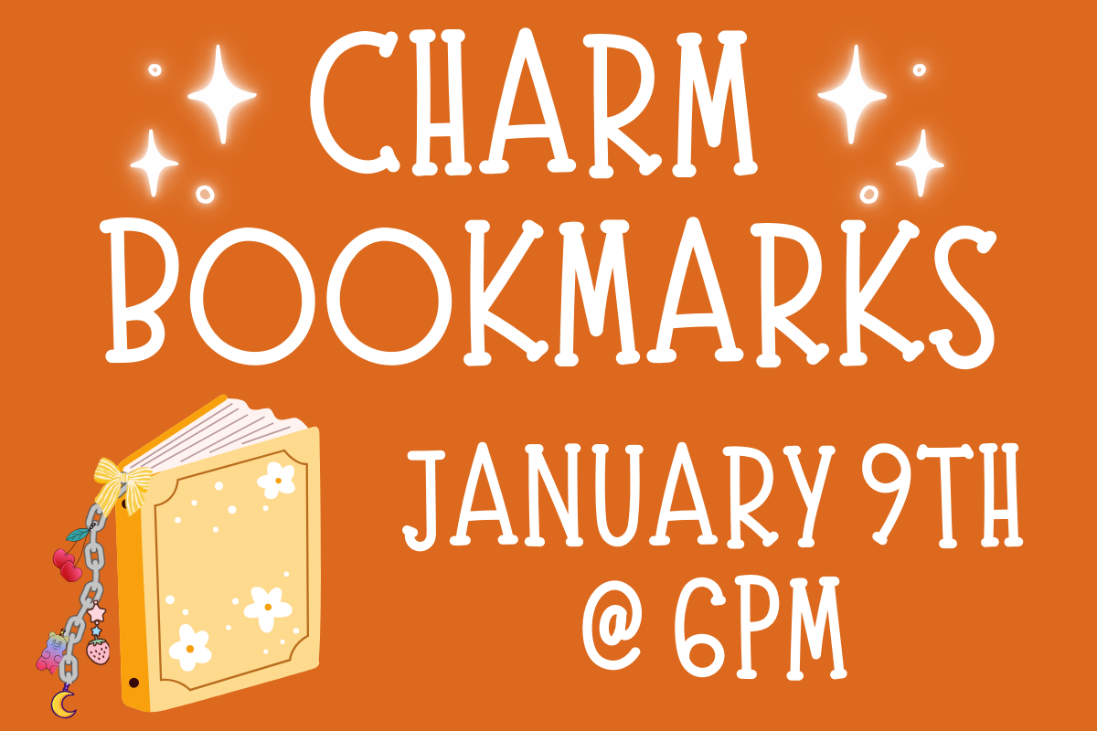 orange background charm bookmarks with sparkles next to words january 9th at 6pm book with charm bracelet type bookmark hanging out of pages. 