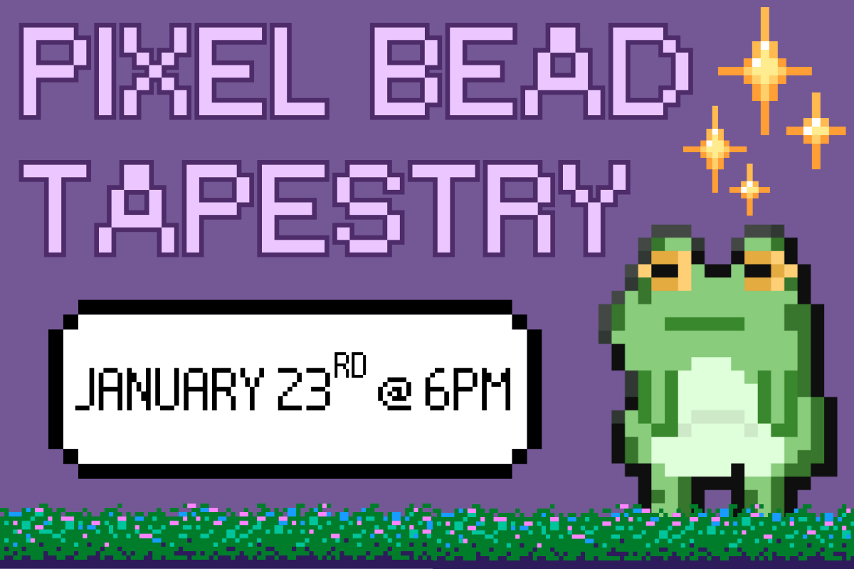 pixel bead tapestry january 23rd at 6pm purpl background with pixel frog and stars