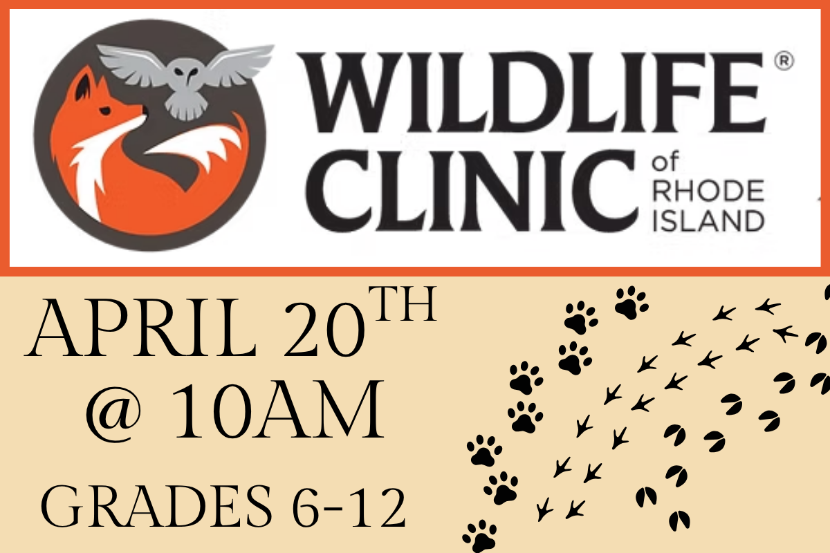 WILDLIFE CLINIC OF RI LOGO A FOX AND OWL WITH FOOT PRINTS. APRIL 10TH AT 10AM 