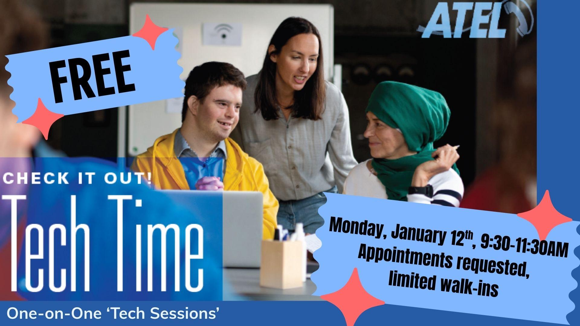 Image advertising the ATEL Tech Time program, noting time and date overlaid on a photo of two people being helped by a tech tutor
