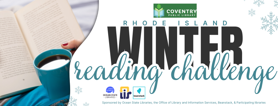 Banner image advertising the Winter Reading Challenge, featuring the logos for the sponsors of the challenge and an image of an open book next to a teal mug containing a warm beverage