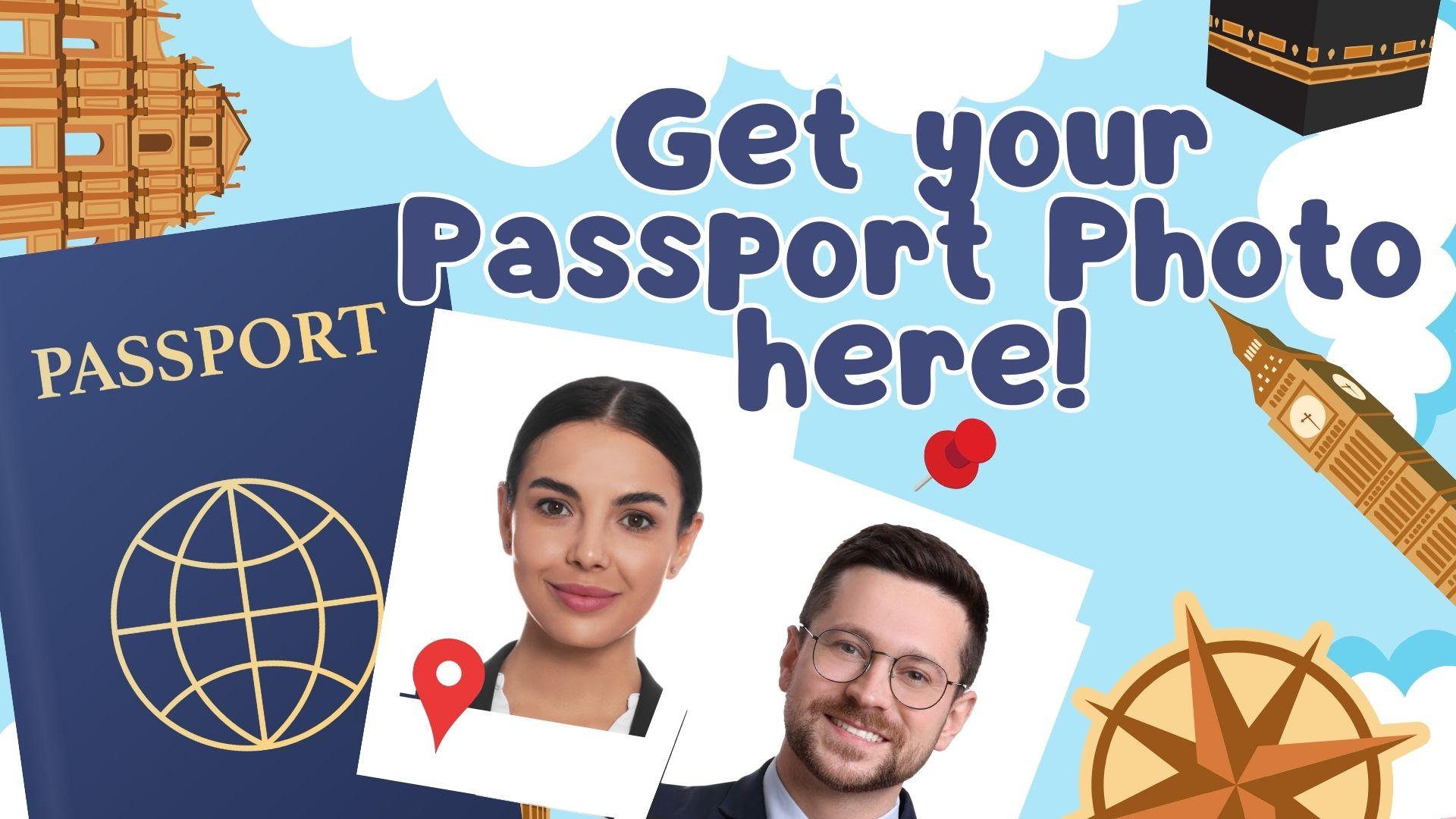 Image advertising Coventry Public Library's new photo service, with the text "Get Your Passport Photo here!" on a light blue background with example photos, an image of a passport, clouds, and various world landmarks.